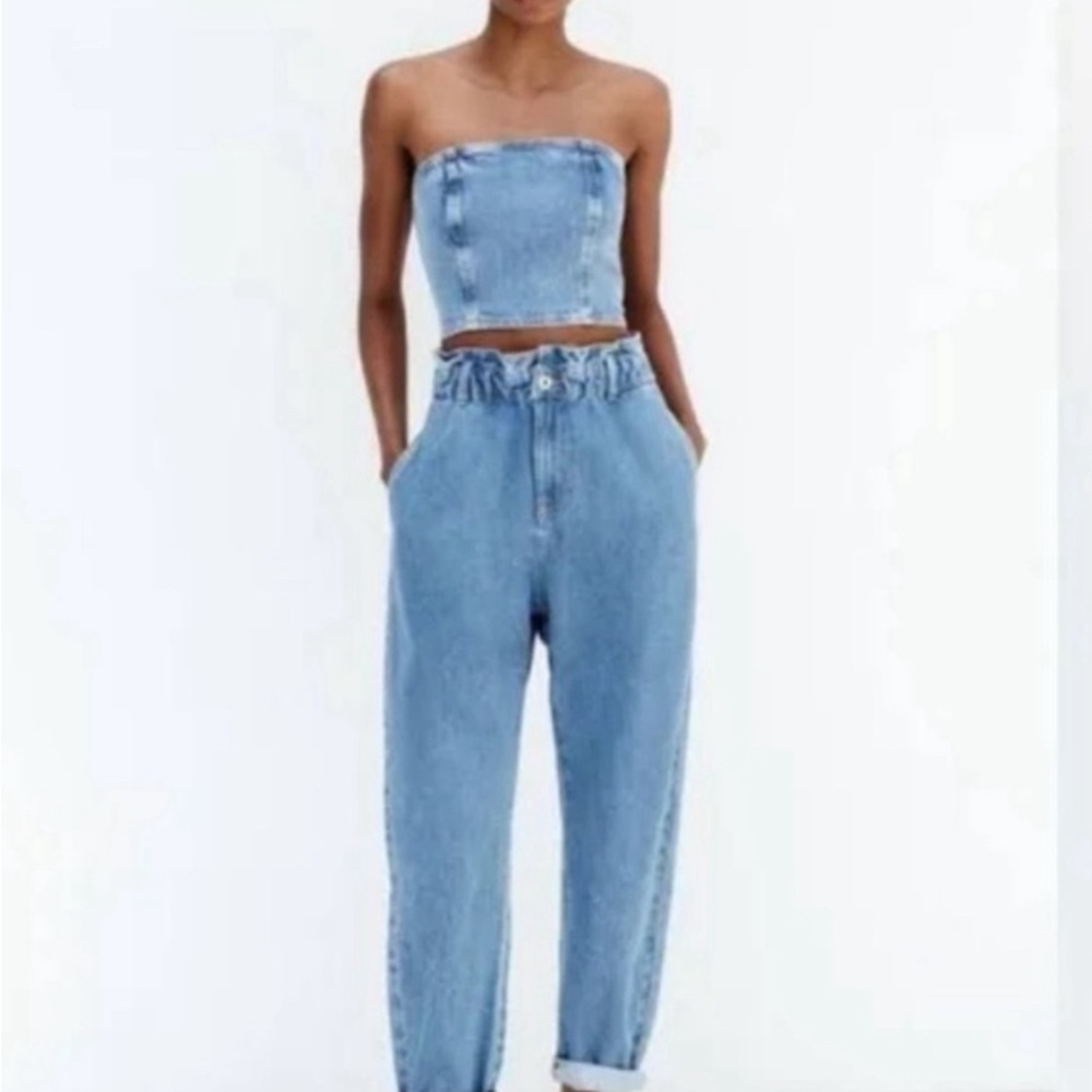 Zara paper bag high waisted denim jeans